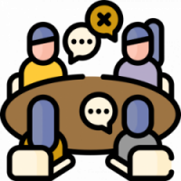 cartoon of 4 people sitting around a table talking